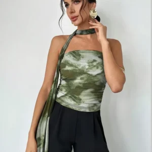 Abstract Print Halter Tie Neck Tube Top In Green