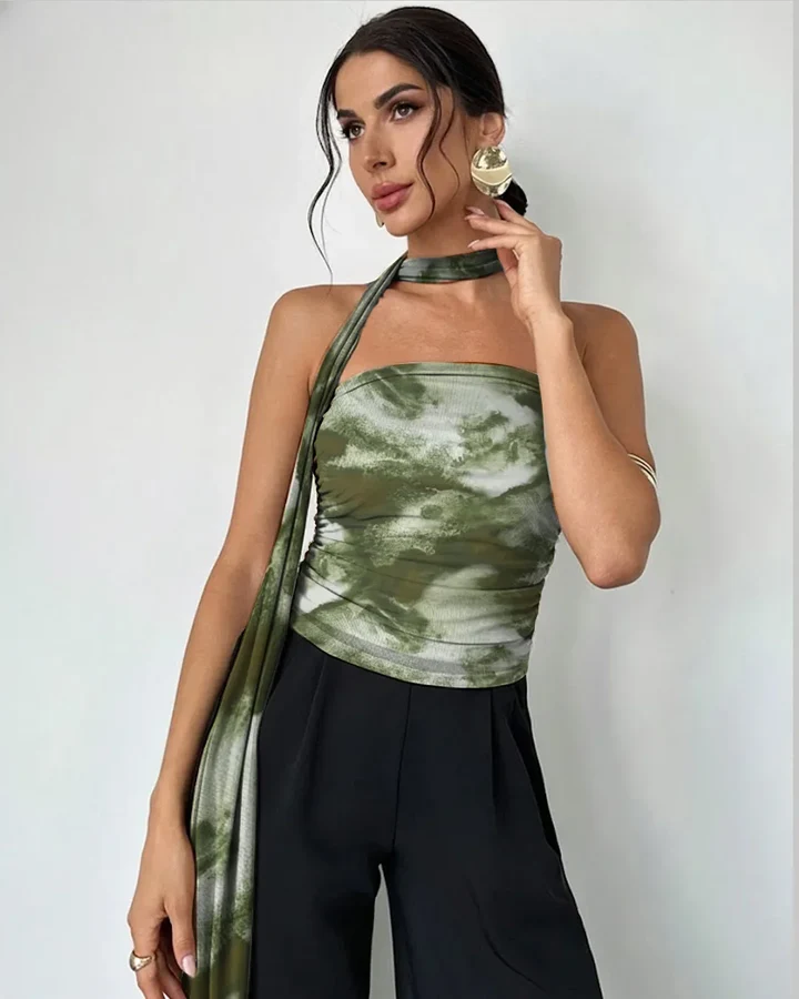 Abstract Print Halter Tie Neck Tube Top In Green