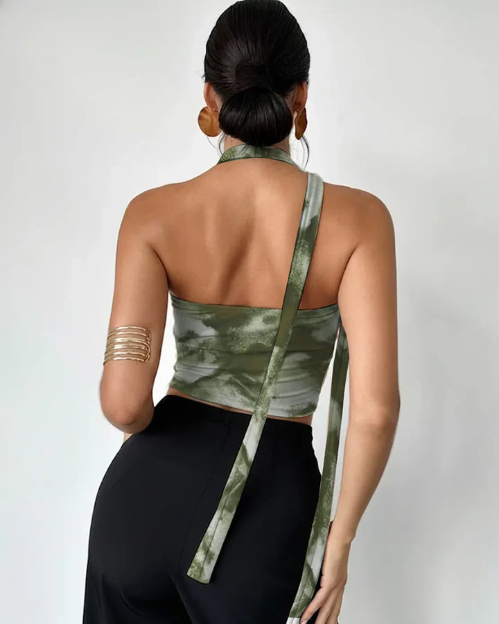 Abstract Print Halter Tie Neck Tube Top In Green - Image 2