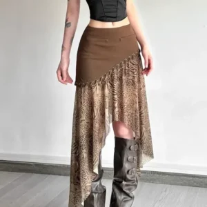 Brown Animal Print Ruffled Midi Skirt