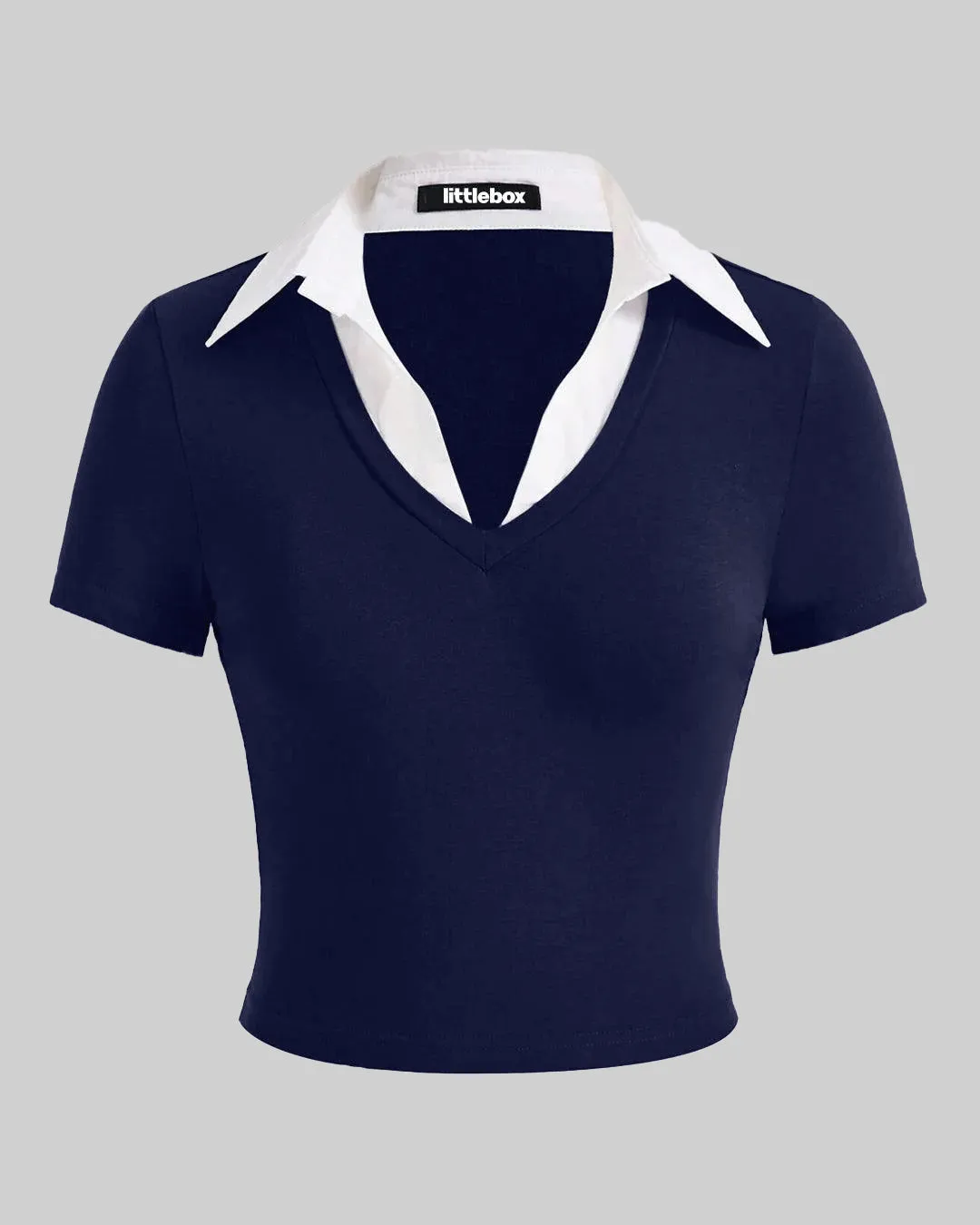 Color Block Knitted Tight-fitting Navy Blue T-shirt With Contrast Collar - Image 2