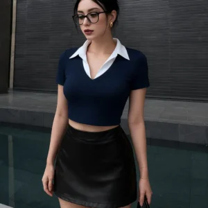 Color Block Knitted Tight-fitting Navy Blue T-shirt With Contrast Collar
