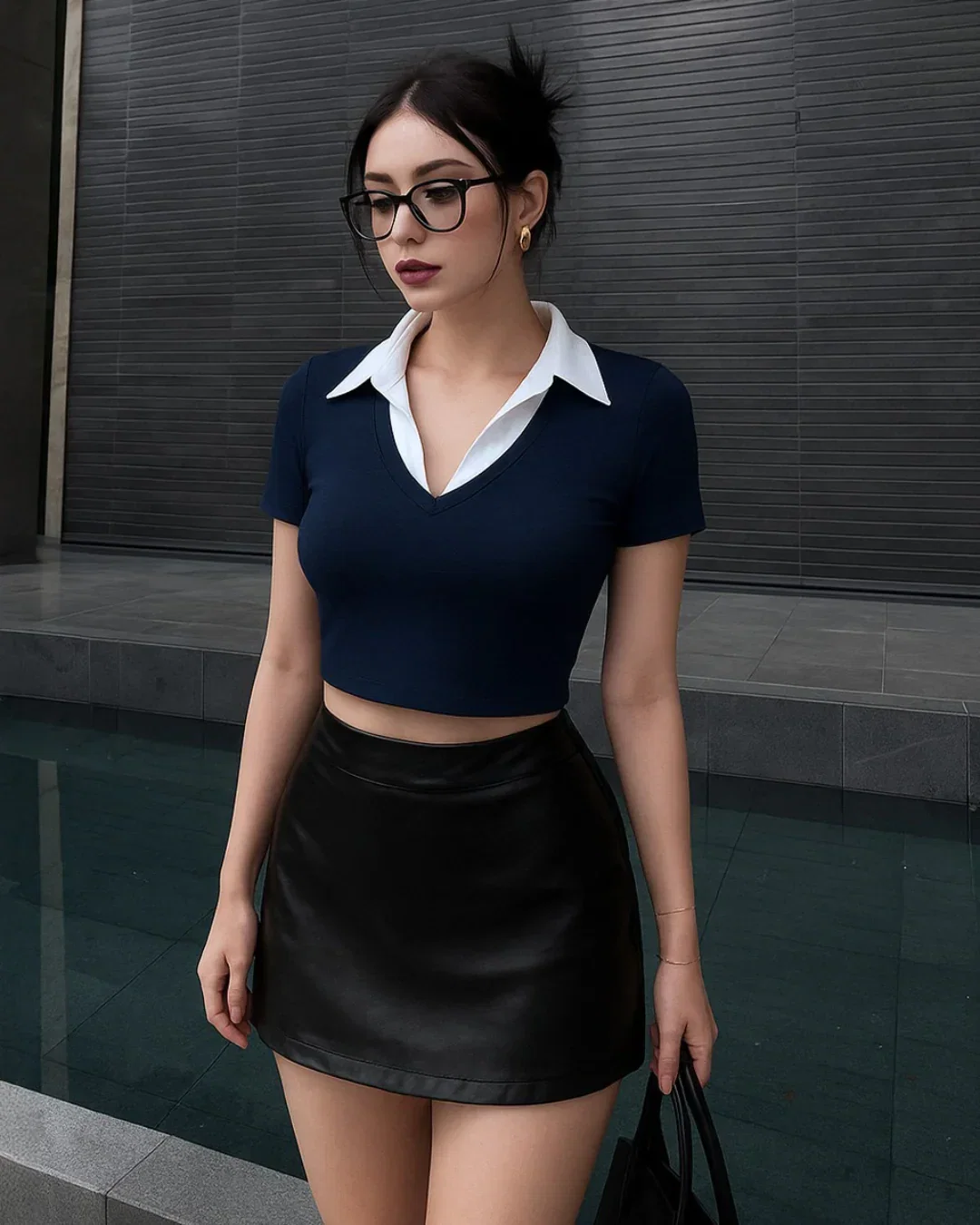 Color Block Knitted Tight-fitting Navy Blue T-shirt With Contrast Collar