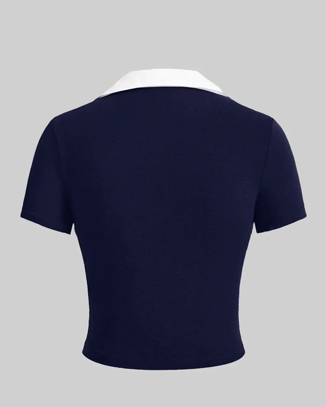 Color Block Knitted Tight-fitting Navy Blue T-shirt With Contrast Collar - Image 3