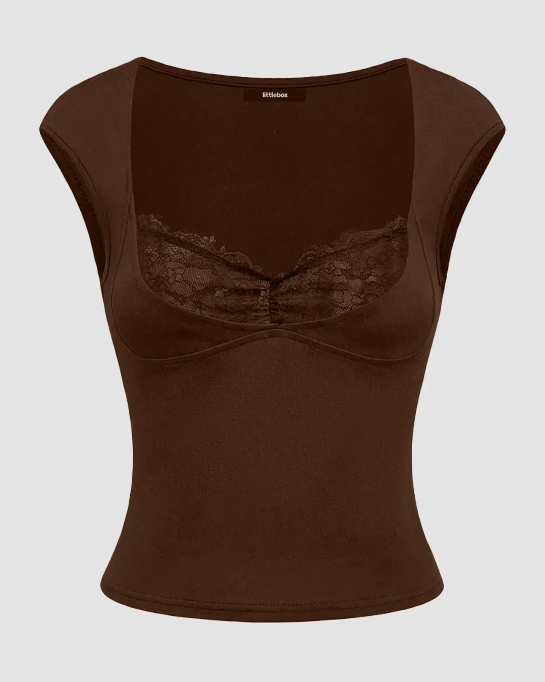 Contrast Lace Ruched Waist Fitted Bodycon Top in Brown - Image 2