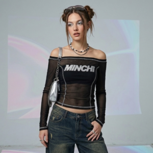 Minchi Y2K Off-Shoulder Mesh Long Sleeve Top