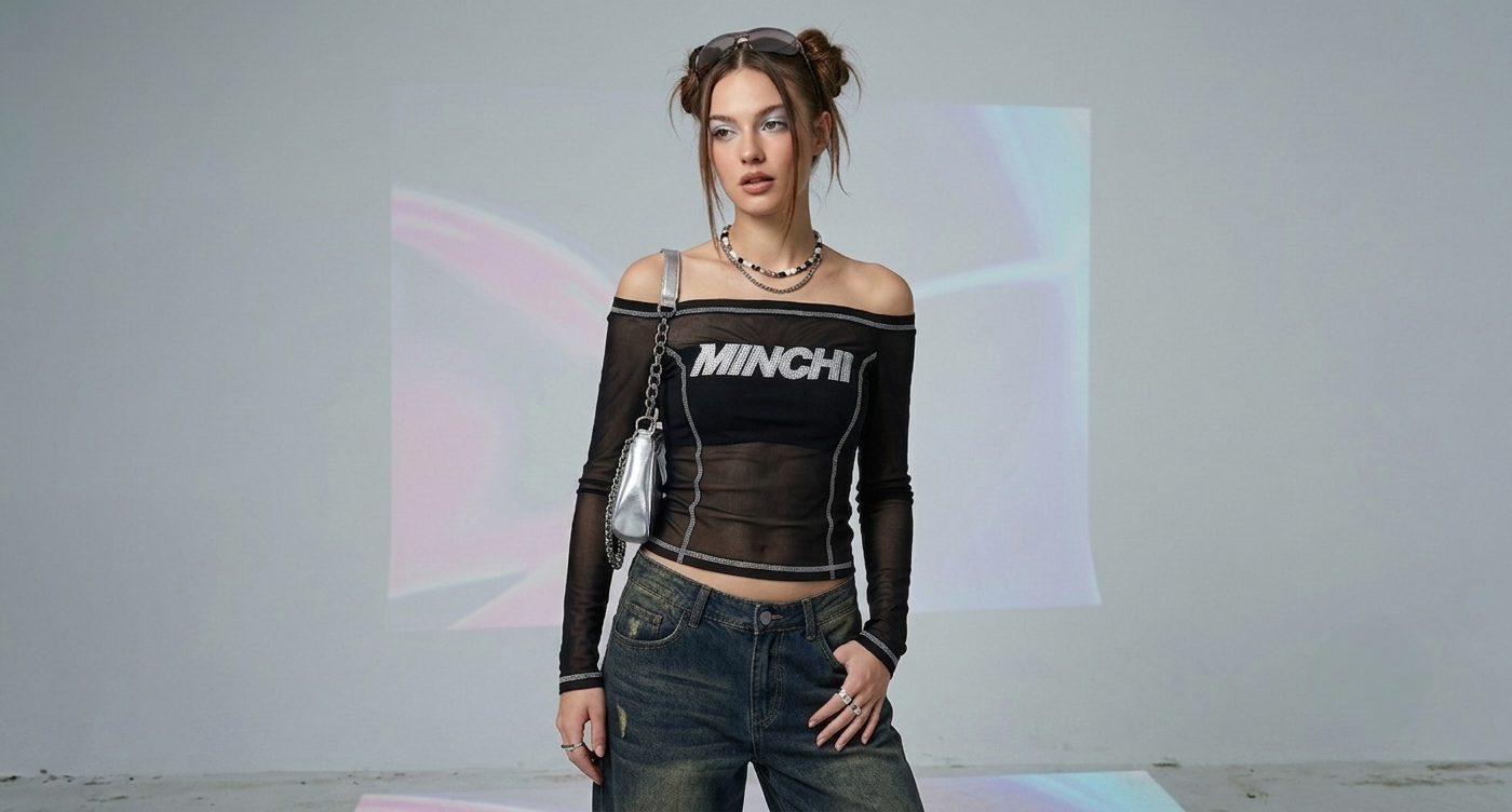 Minchi Y2K Off-Shoulder Mesh Long Sleeve Top
