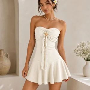 Starfish Detail Ruched Strapless Mini Dress in Pearl White