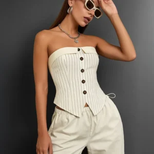 Striped Suit Off-White Fabric Button Front Bandeau Top