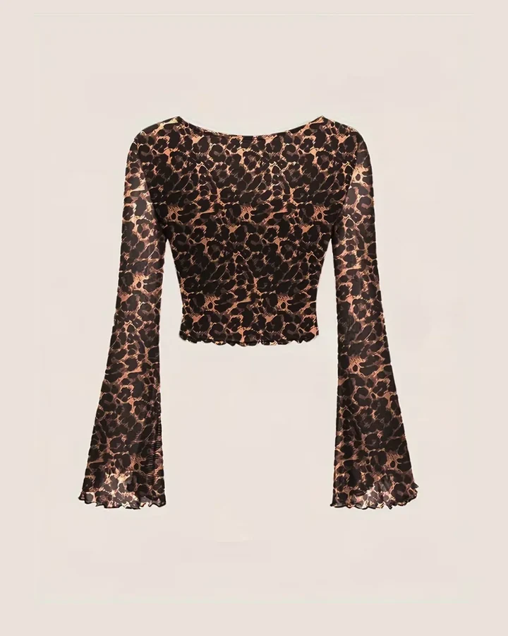 V-Neck Slim Fit Leopard Print Bell Sleeve Crop Top - Image 3