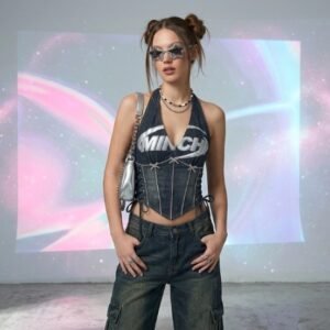 Minchi Y2K Lace-Up Corset Halter Top
