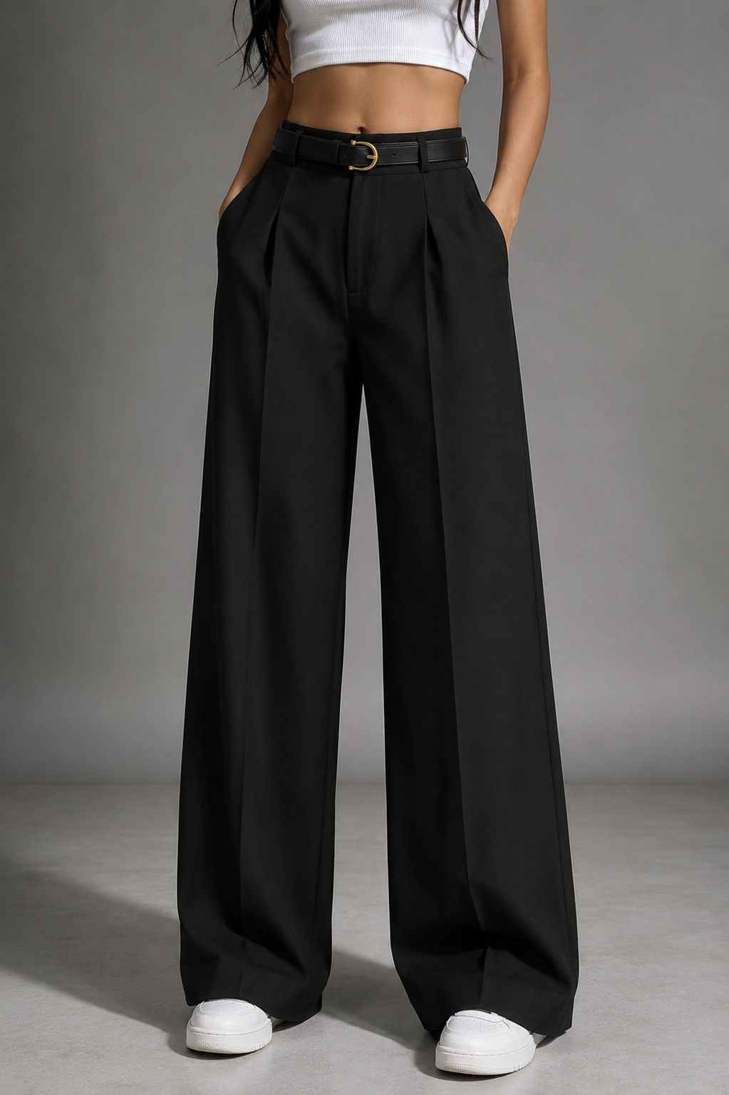 Pleated High Waisted Wide Leg Trousers in Black