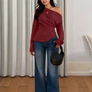 Party Off Shoulder Long Sleeve Fitted Top in Burgundy