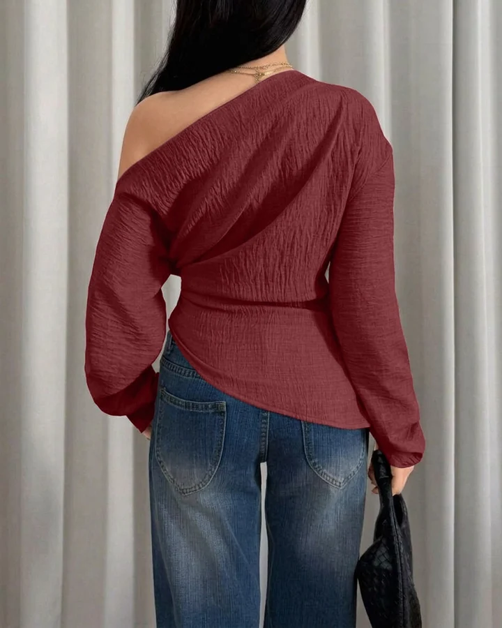 Party Off Shoulder Long Sleeve Fitted Top in Burgundy - Image 2