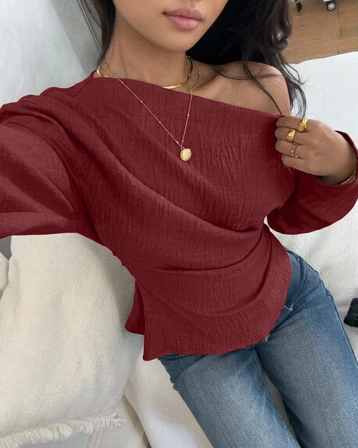 Party Off Shoulder Long Sleeve Fitted Top in Burgundy - Image 3