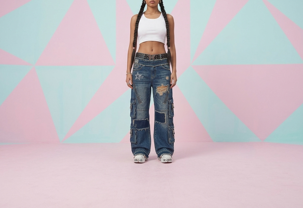 Minchi Y2K Distressed Patchwork Cargo Jeans - Image 2