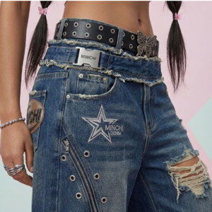 Minchi Y2K Distressed Patchwork Cargo Jeans