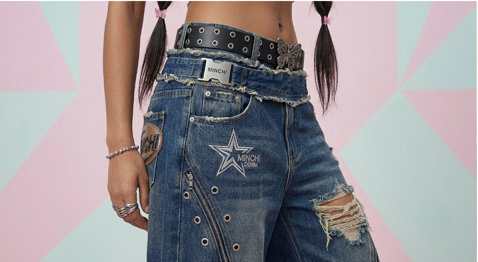 Minchi Y2K Distressed Patchwork Cargo Jeans