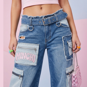 Minchi Y2K Pink Logo Belted Cargo Jeans