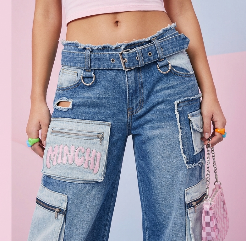 Minchi Y2K Pink Logo Belted Cargo Jeans