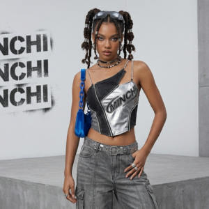 Minchi Silver & Denim Asymmetric Corset Top