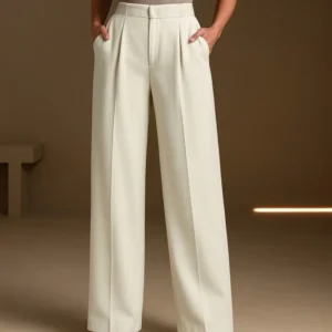 Pleated High Waisted Wide Leg Trousers in Off-White
