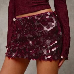 Burgundy Sequin Mini Skirt
