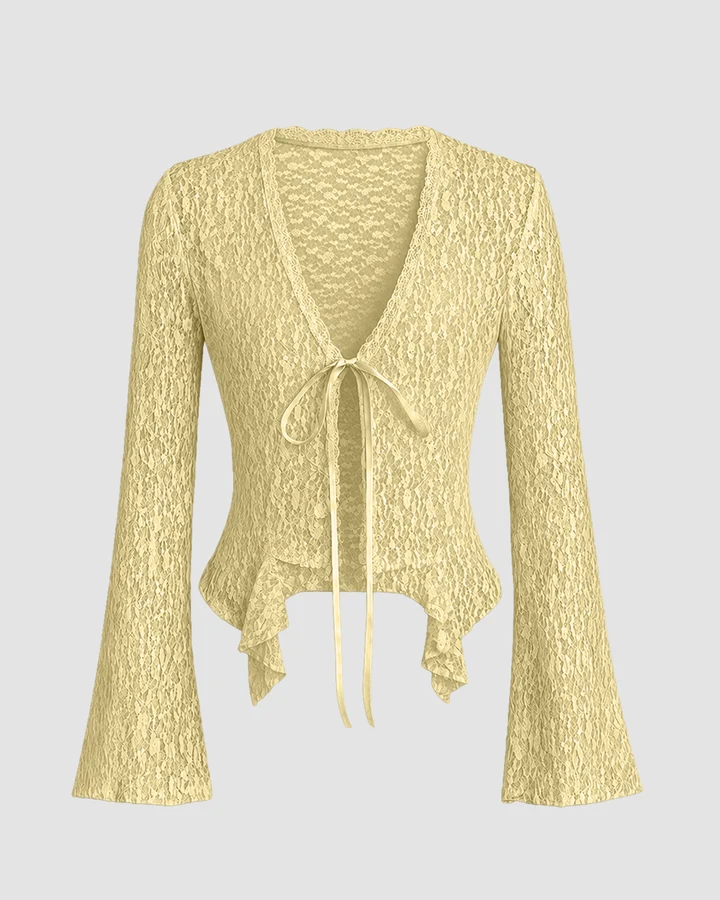 Lace Trim Ruffle Hem Tie Front Bell Sleeve - Image 2