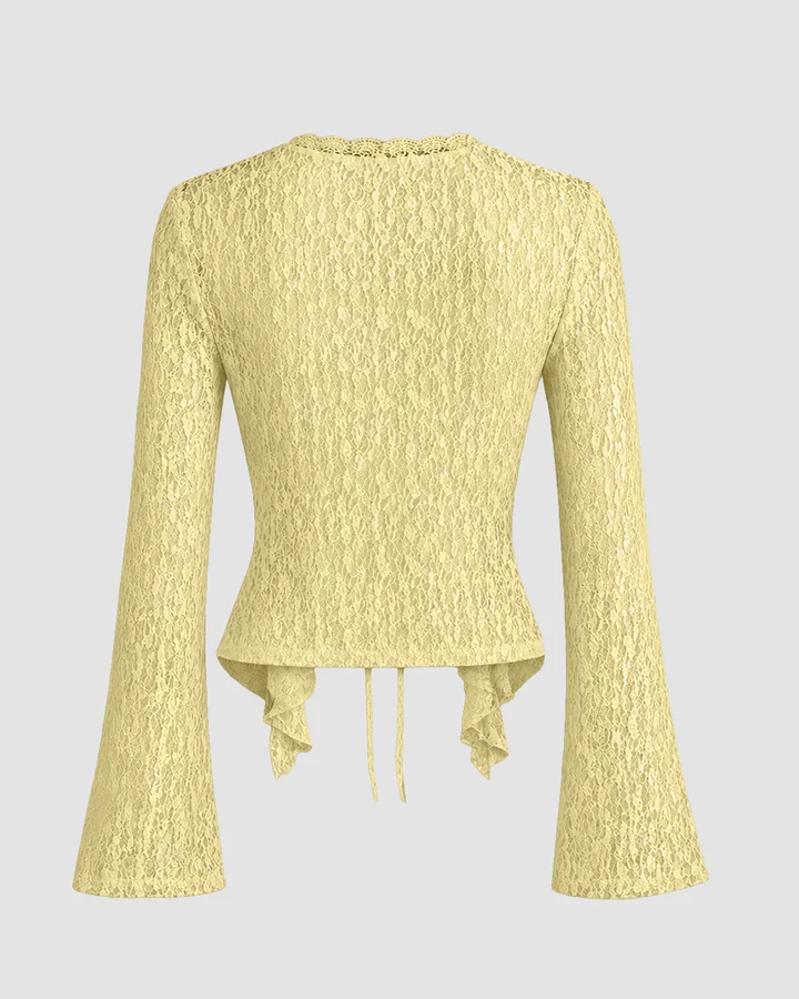 Lace Trim Ruffle Hem Tie Front Bell Sleeve - Image 3