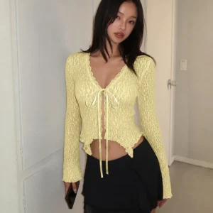 Lace Trim Ruffle Hem Tie Front Bell Sleeve