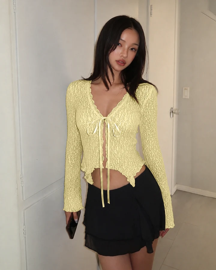 Lace Trim Ruffle Hem Tie Front Bell Sleeve